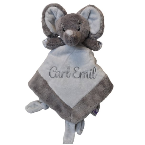 Gr� elefant sutteklud med navn 