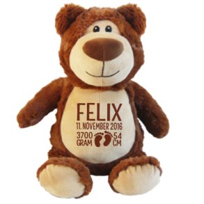 Brun bamse med navn og fdselsdata