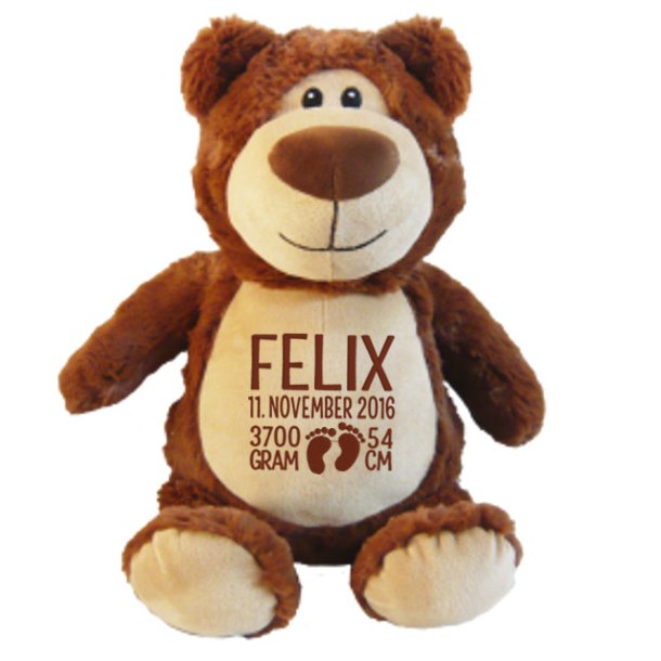 Brun bamse med navn og fdselsdata