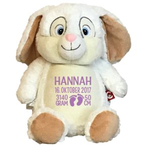 Hvid kaninbamse med navn og fdselsdata