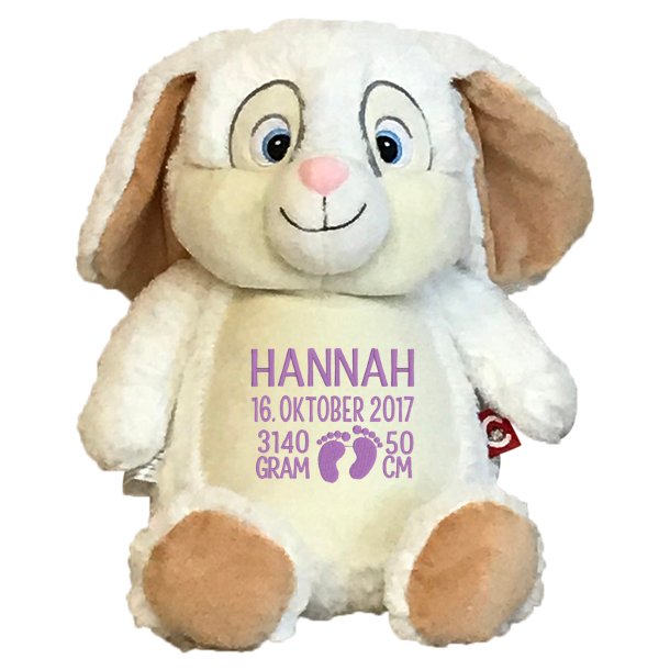 Hvid kaninbamse med navn og fdselsdata