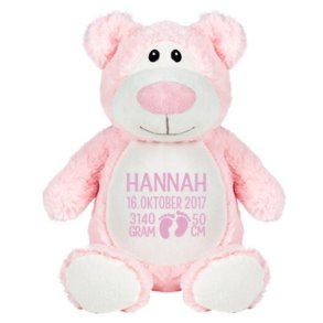 Lyserd bamse med navn og fdselsdata