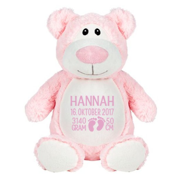 Lyserd bamse med navn og fdselsdata