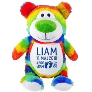 Regnbue bamse med navn og fdselsdata