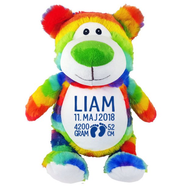 Regnbue bamse med navn og fdselsdata
