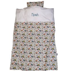 Baby sengetj med gravemaskiner og navn